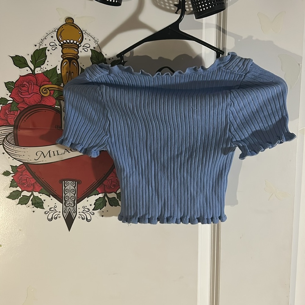 Blue Ribbed Ruffle Trim Top - Picture 3 of 3